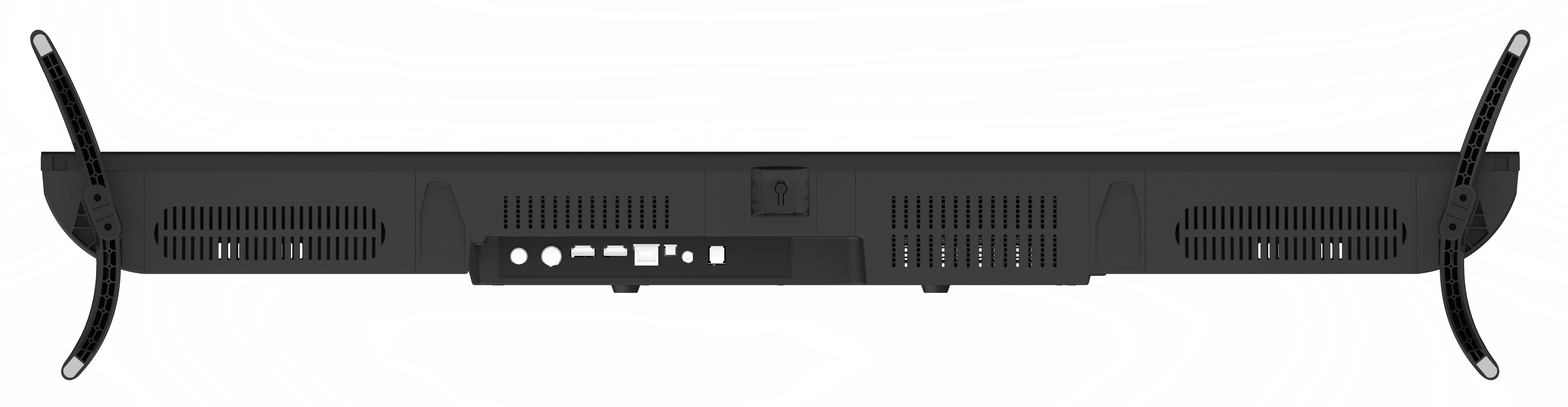 Tył czarnego telewizora z portami, otworami wentylacyjnymi i dwiema zakrzywionymi, czarnymi nóżkami. Białe tło.