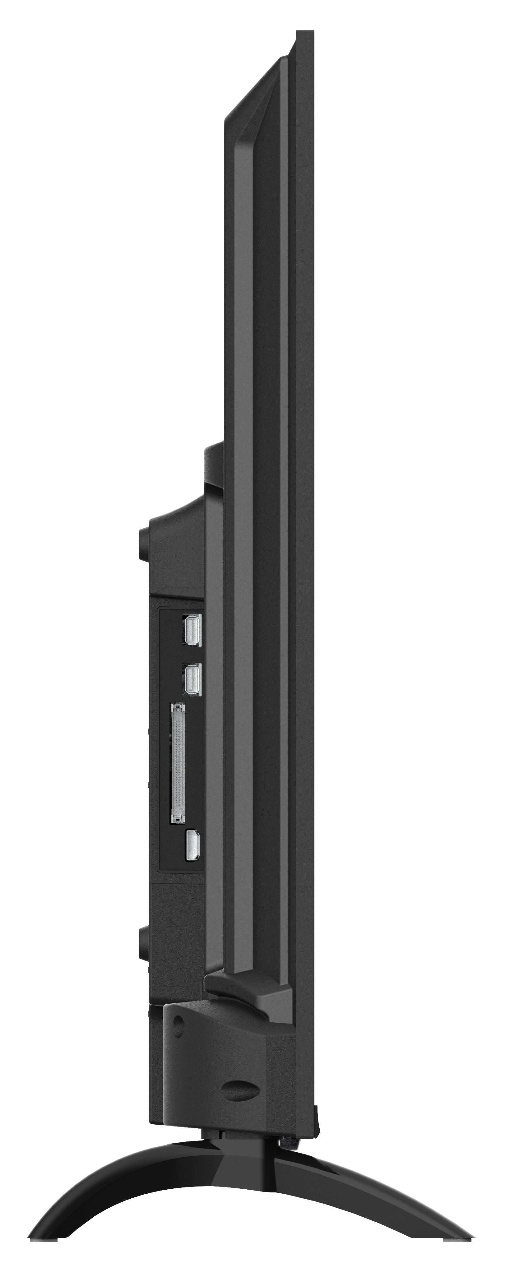 Widok z boku czarnego telewizora ze stojakiem. Porty są widoczne z boku. Ekran nie jest widoczny, na czarnym tle.