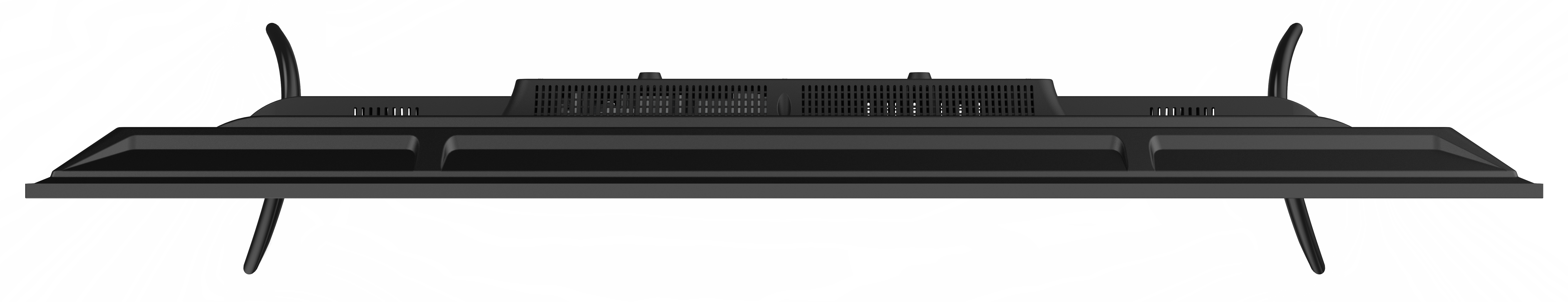 Widok z góry na czarny telewizor. Ma dwie nogi i strukturę przypominającą antenę. Tło jest białe.