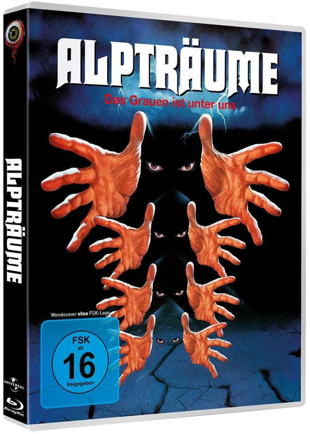 Horrorfilm-Cover mit vielen Händen und Augen auf dunklem Hintergrund.
