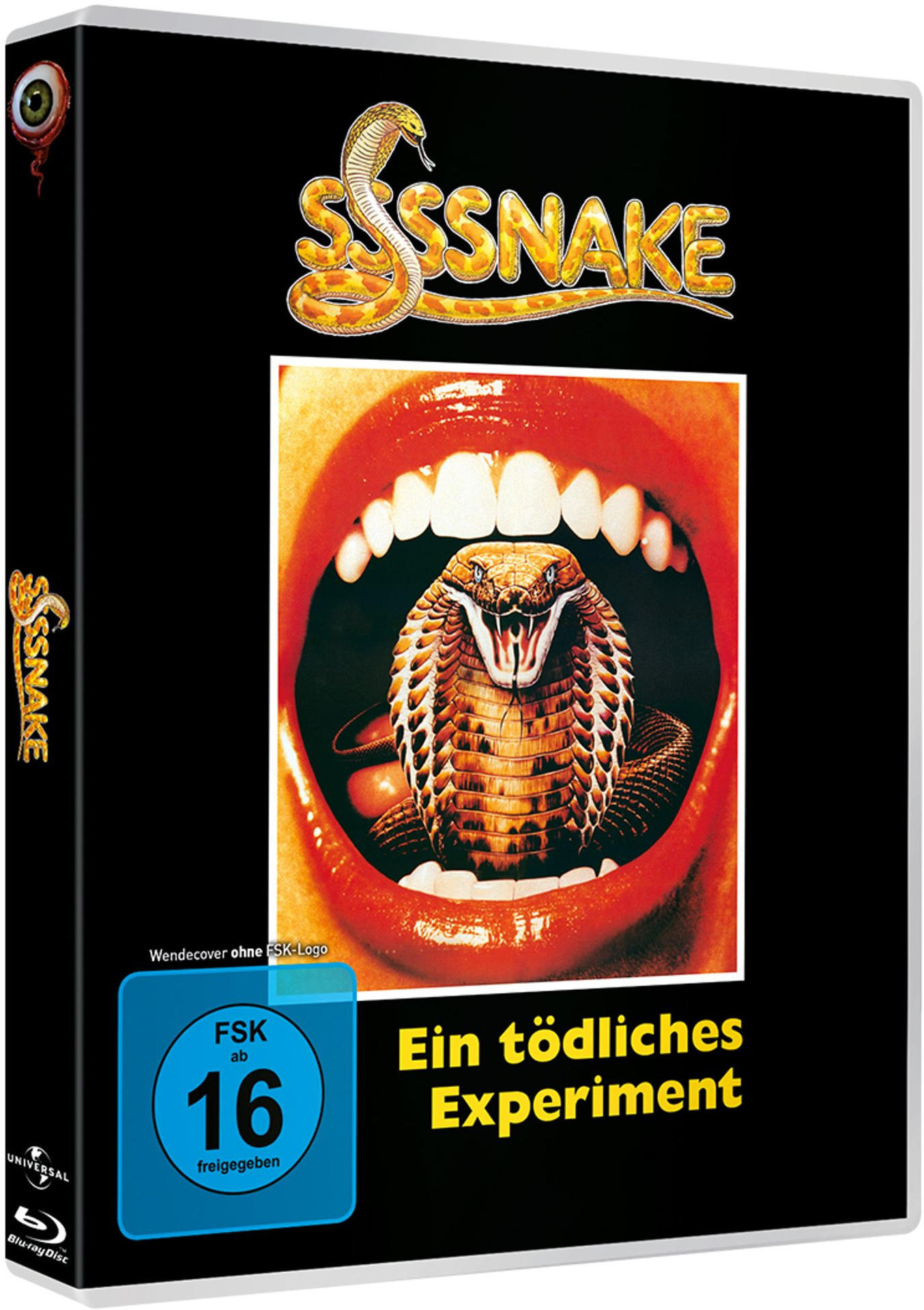 Eine Kobra wird in weit geöffneten roten Lippen gezeigt, mit FSK 16 Logo.