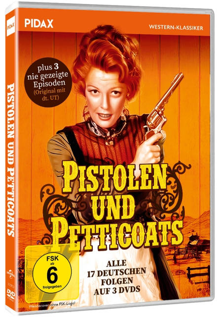 DVD-Cover von Pistols and Petticoats. Eine Frau hält eine Waffe, mit Textüberlagerung. Das Cover ist für Western-Klassiker, deutsche Sprache.