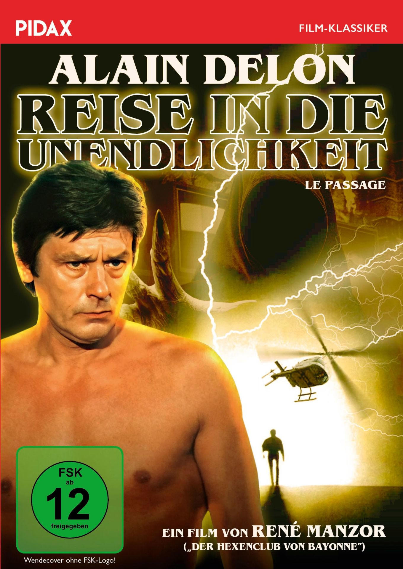 Filmposter. Alain Delon in einem Film namens "Reise in die Unendlichkeit". Ein Hubschrauber und eine Figur sind im Hintergrund.
