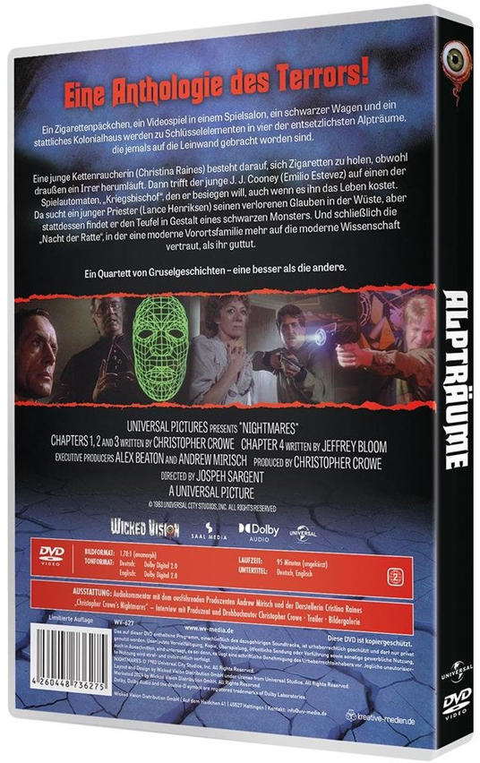 DVD-Rückseite von 'Alpträume' mit Filmbeschreibung, Darstellern und technischen Details.