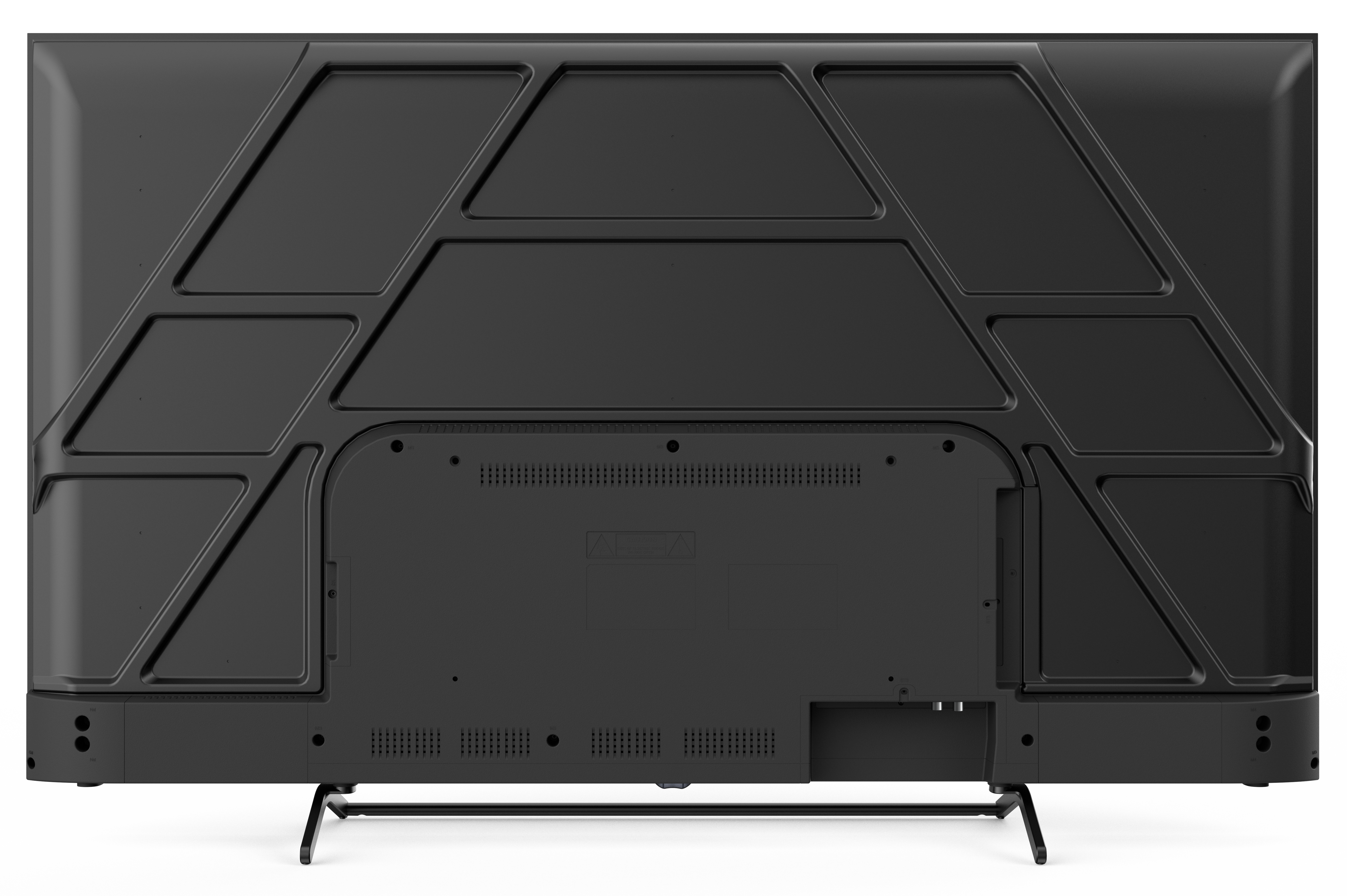 Tył czarnego telewizora z geometrycznymi wzorami. Metalowa podstawa wspiera ekran. Widoczne otwory wentylacyjne i porty.