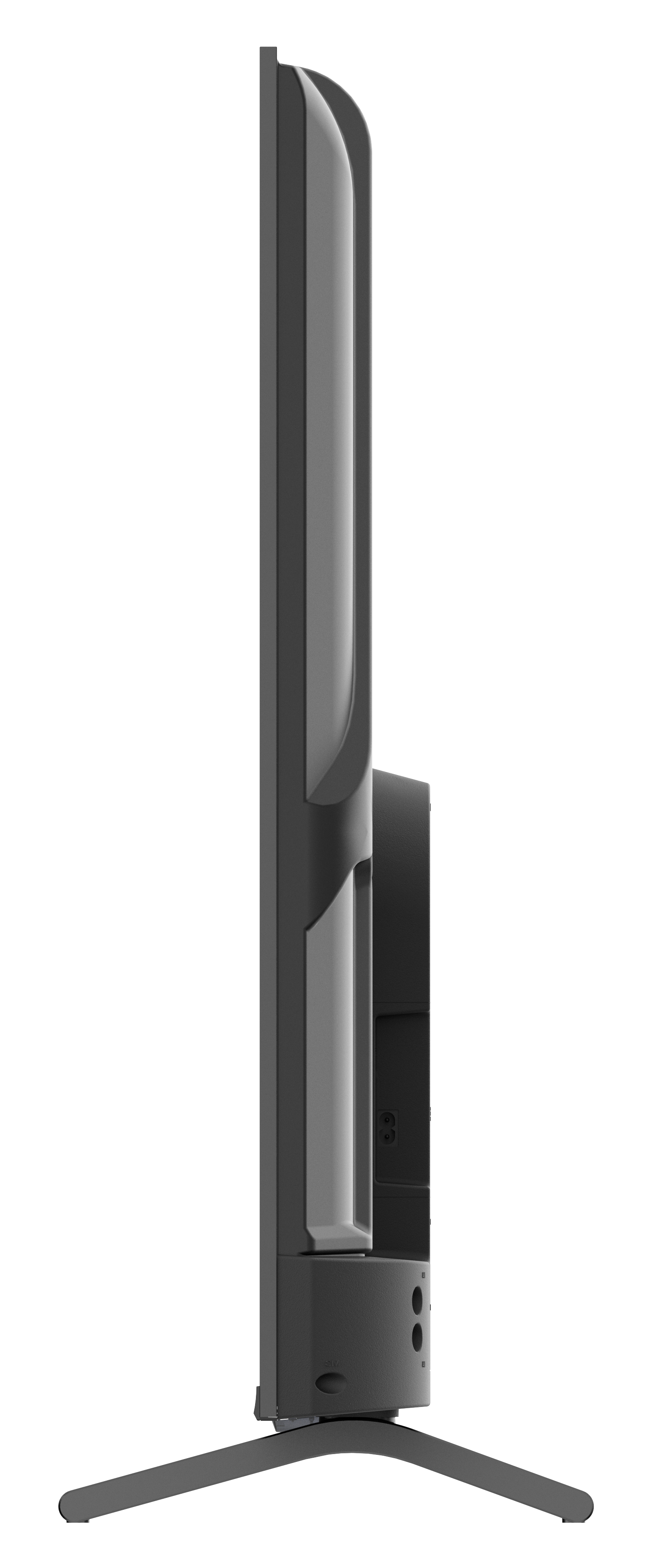 Widok z boku szarego monitora. Ekran niewidoczny, ze stojakiem na dole. Czarne tło.