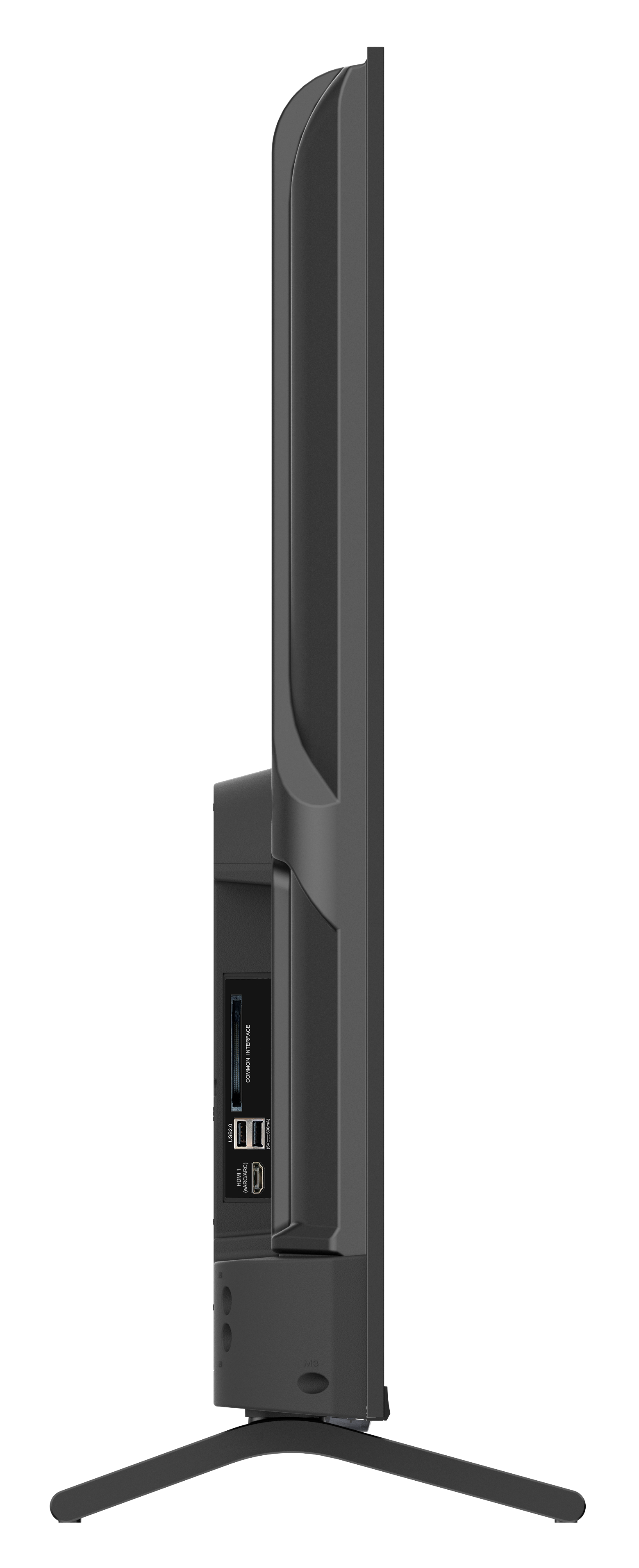 Widok z boku czarnego telewizora. Posiada porty, podstawę i gniazdo interfejsu cyfrowego. Tło jest jednolicie czarne.