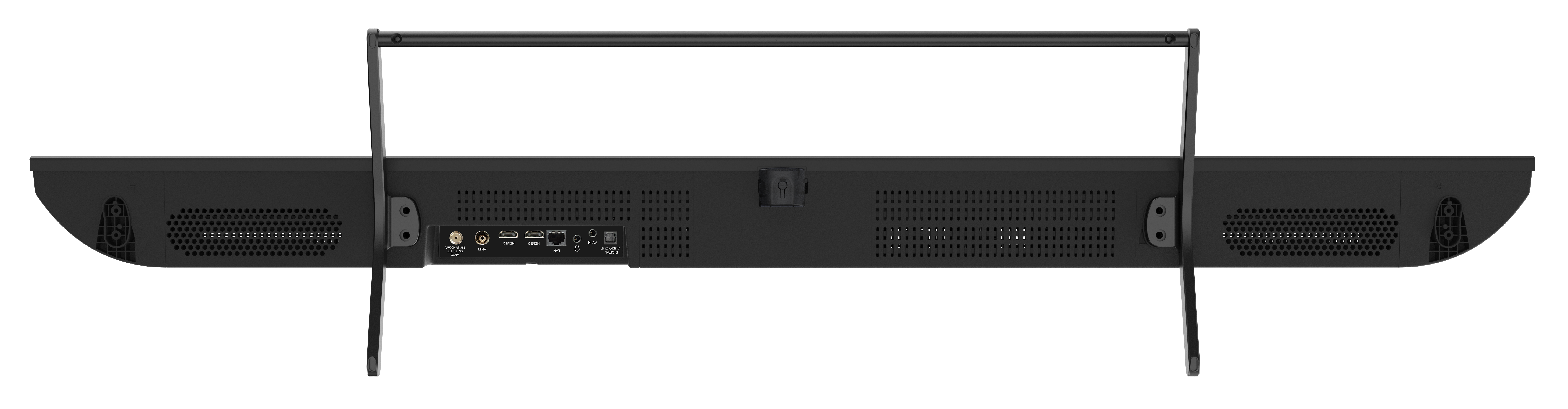 Czarny soundbar z metalowym stojakiem. Posiada porty połączeniowe i przycisk zasilania. Tło jest czarne.