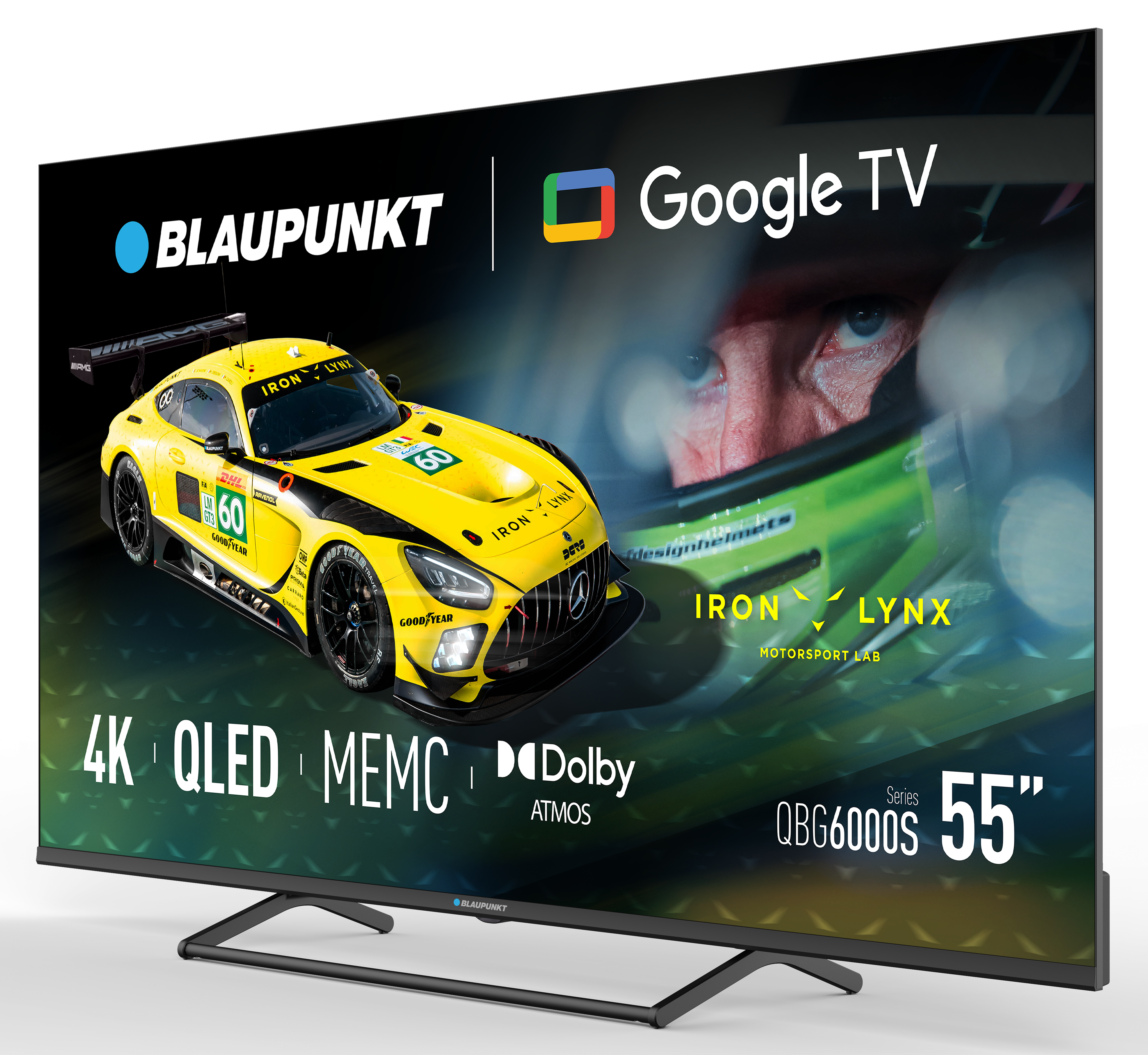 Telewizor Google TV Blaupunkt wyświetla żółty samochód wyścigowy i twarz kierowcy. Tekst na ekranie obejmuje 4K QLED, Dolby Atmos i 55 cali.