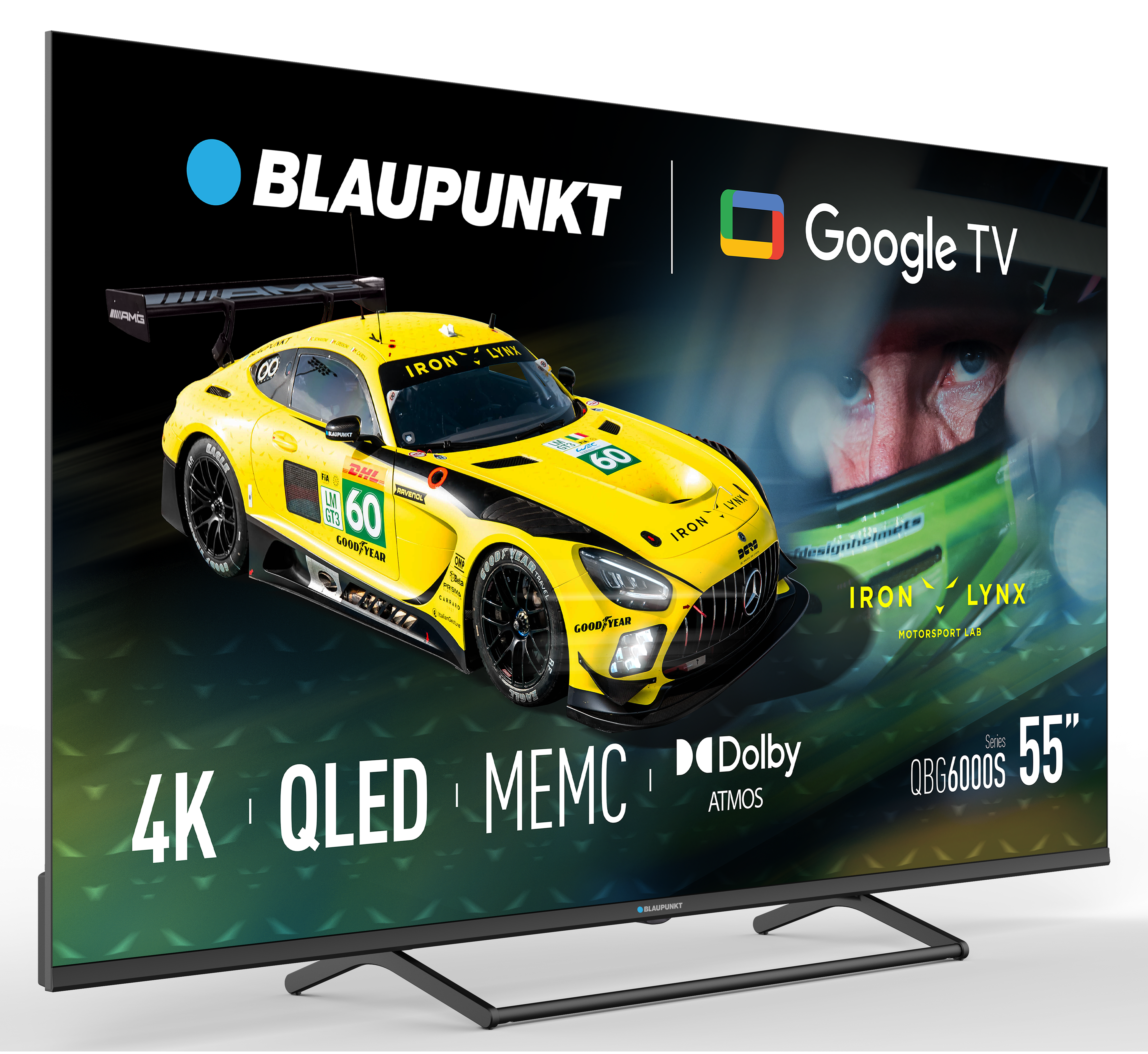 Telewizor Blaupunkt wyświetla żółty samochód wyścigowy z kierowcą. Widoczne logo Google TV. Funkcje obejmują 4K, QLED i Dolby Atmos.