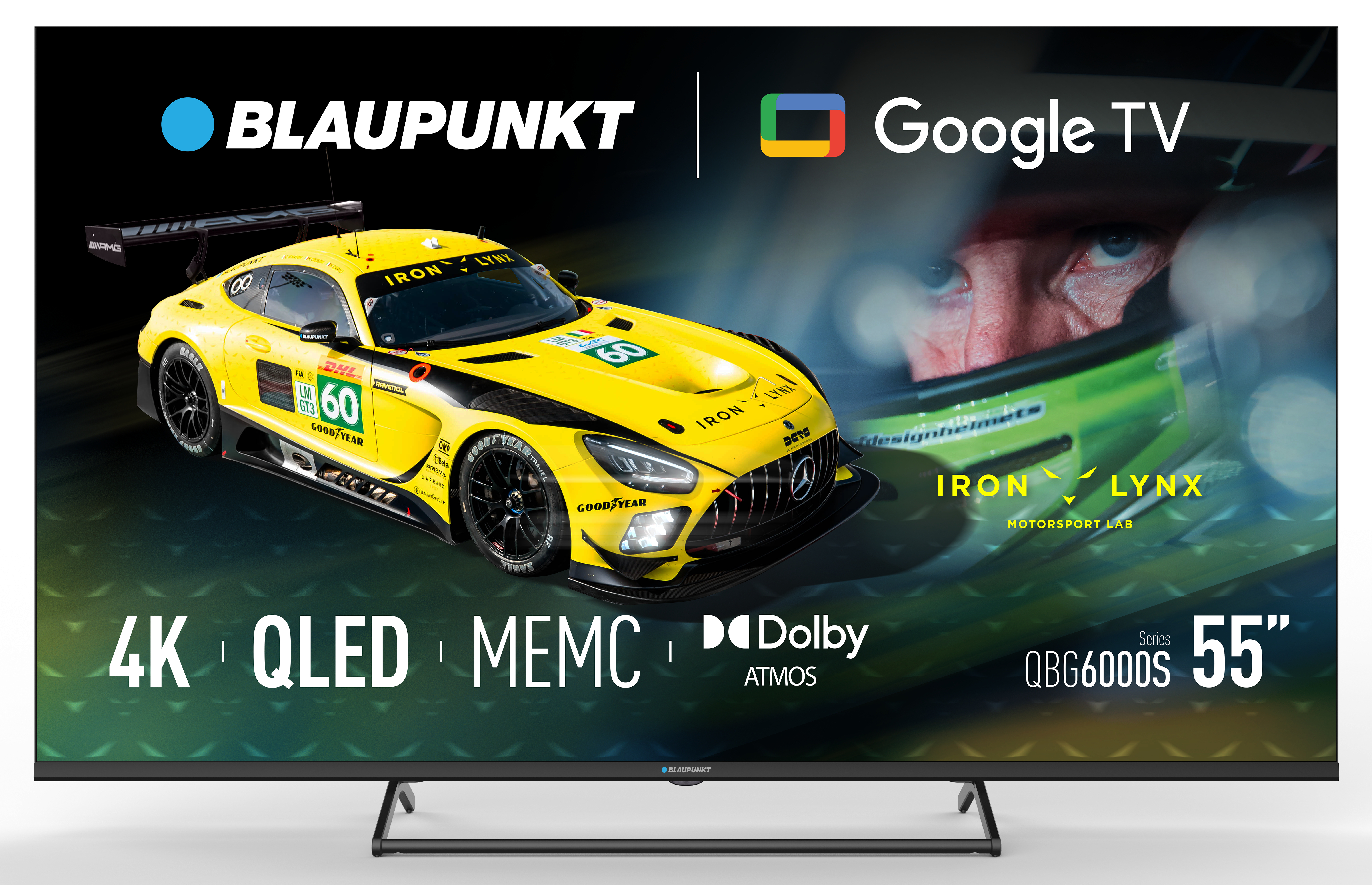 Telewizor Blaupunkt wyświetla żółty samochód wyścigowy z kierowcą, logo Google TV i specyfikacje produktu: 4K, QLED, MEMC, Dolby Atmos, 55".