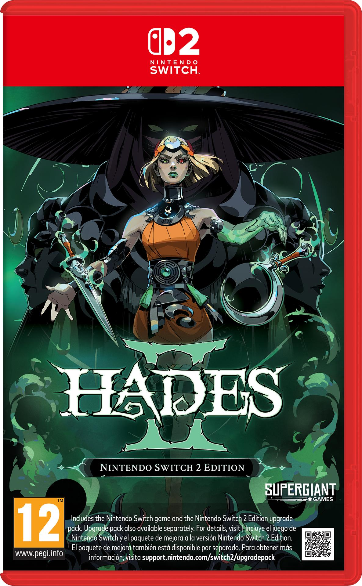 Hades II gamecover. Een vrouw met dolken staat voor donkere figuren. Het Nintendo Switch-logo staat bovenaan.