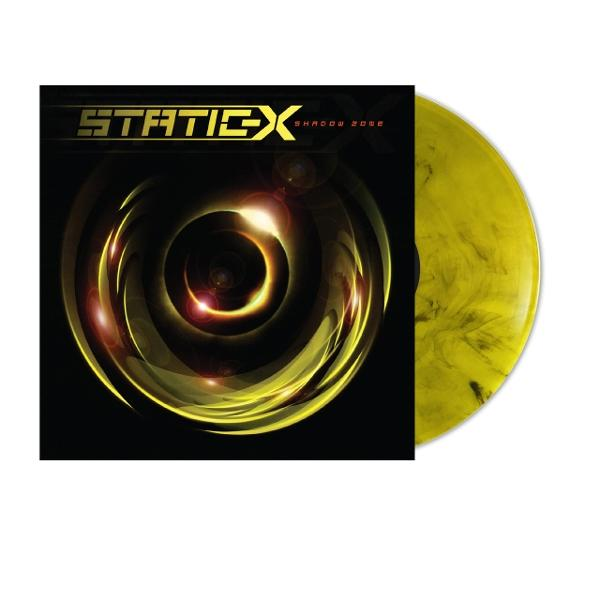 Albumcover mit gelb-schwarzer Vinylplatte. Das Cover hat 'STATIC-X' und ein wirbelndes gelb-schwarzes Design.