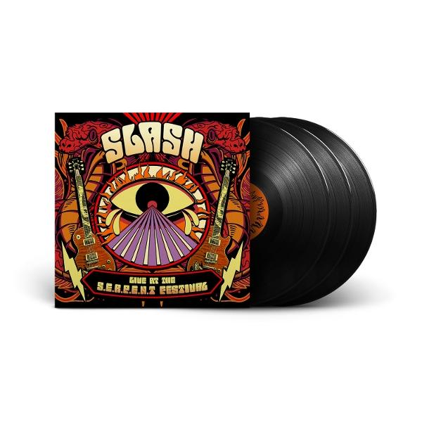 Albumcover von Slash. Es zeigt ein Auge, Gitarren und den Text 'Live at the S.E.R.P.E.N.T Festival'. Zwei schwarze Schallplatten sind sichtbar.