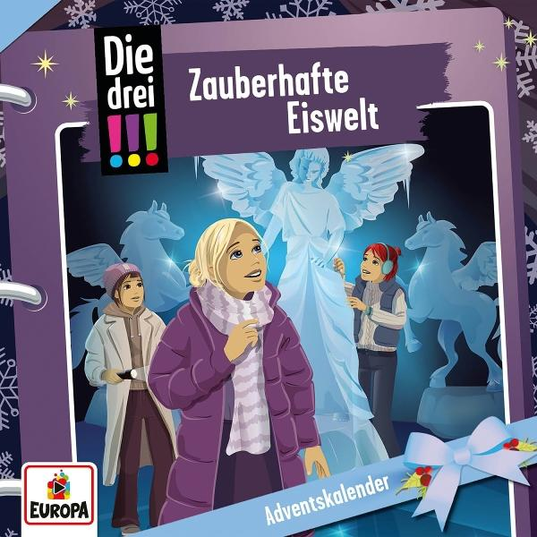 Titelbild eines Adventskalenders. Drei Kinder betrachten Eisskulpturen eines Engels und Pferde. Der Text lautet 'Die drei !!! Zauberhafte Eiswelt'.