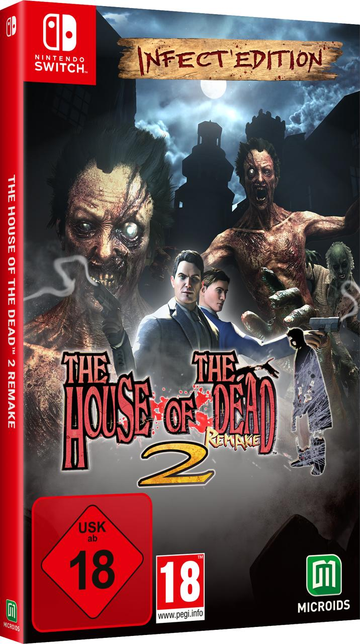Spielbox-Art für 'The House of the Dead 2 Remake'. Zeigt Zombies, zwei Männer in Anzügen und den Titel des Spiels.