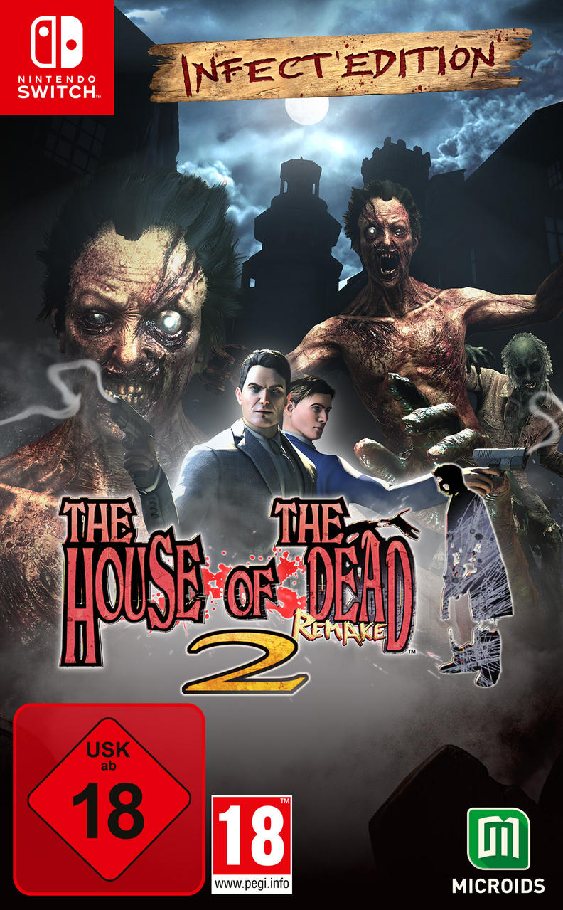 Spielcover: The House of the Dead 2. Zombies, zwei Männer in Anzügen und ein Nintendo Switch-Logo. Freigegeben ab 18 Jahren.