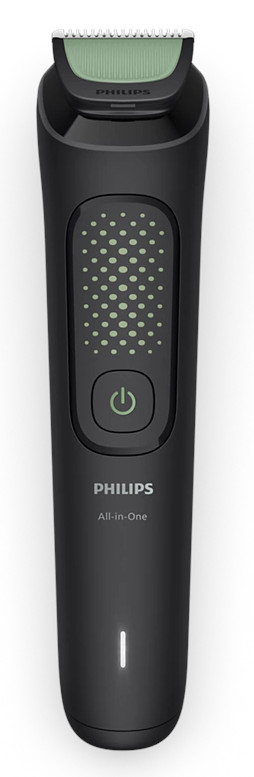 Czarny trymer Philips All-in-One. Zielony obszar ostrza. Przycisk zasilania i wskaźnik świetlny na obudowie. Widoczna nazwa produktu.