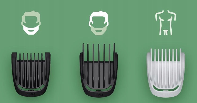 Obraz przedstawia nasadki do pielęgnacji z diagramami brody i ciała. Zawiera nasadki 1 mm, 9 mm i do pielęgnacji ciała.