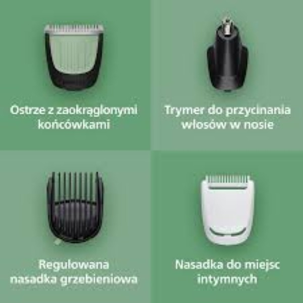 Obraz przedstawia cztery nasadki do pielęgnacji: ostrze z zaokrąglonymi końcówkami, trymer do włosów w nosie, regulowany grzebień i trymer do miejsc intymnych.