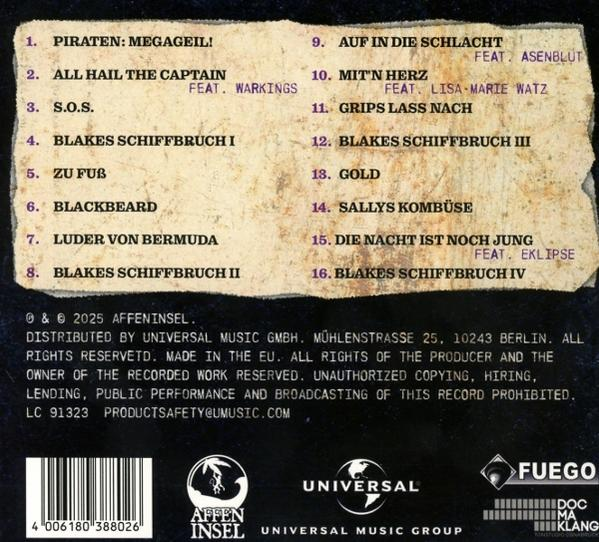 CD-Cover mit Songtiteln auf Deutsch und Englisch. Enthält Logos für Affeninsel, Universal Music und Fuego.