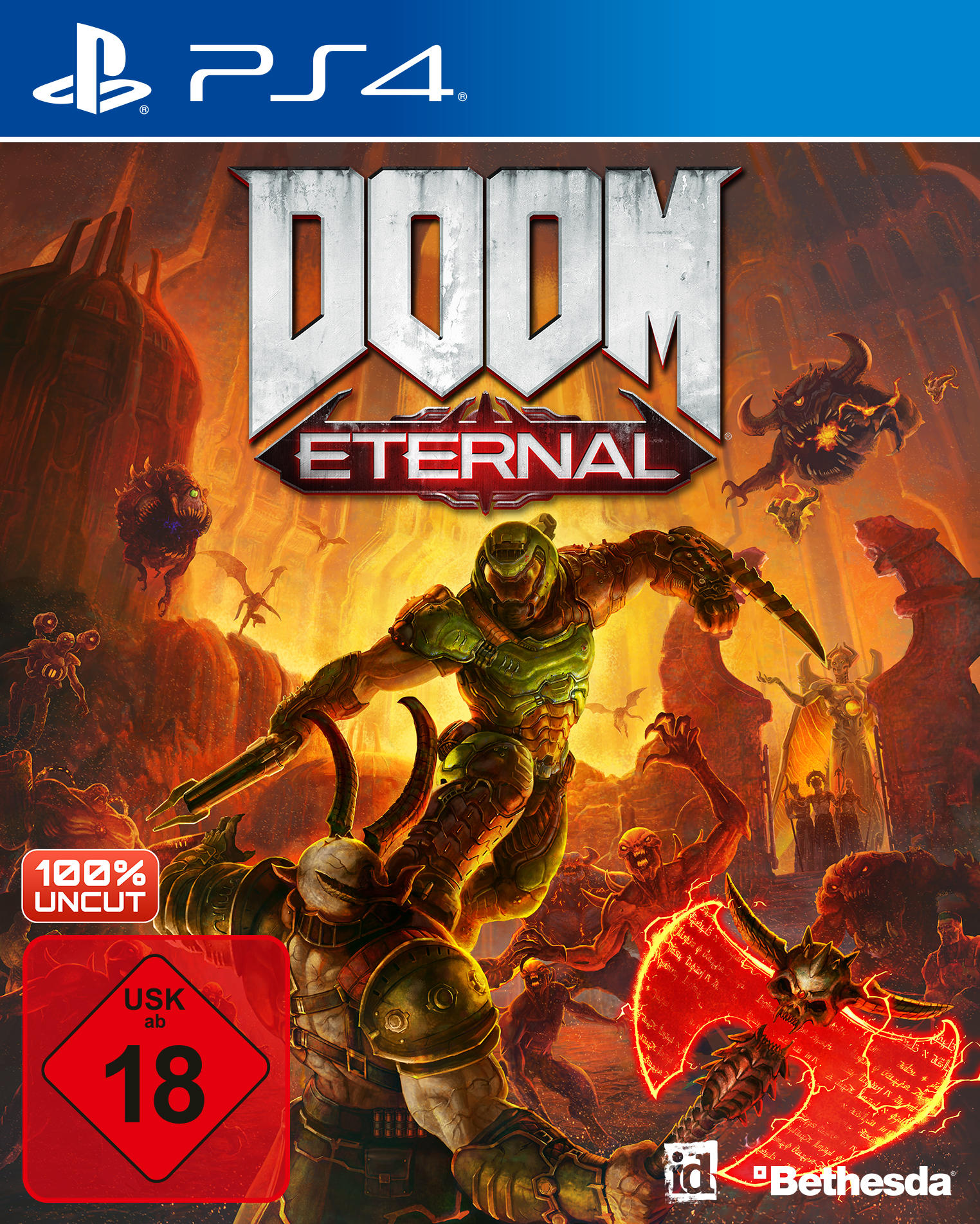 DOOM Eternal-Spielcover. Ein Space Marine steht Dämonen in einer höllischen Landschaft gegenüber. Spiellogo oben.
