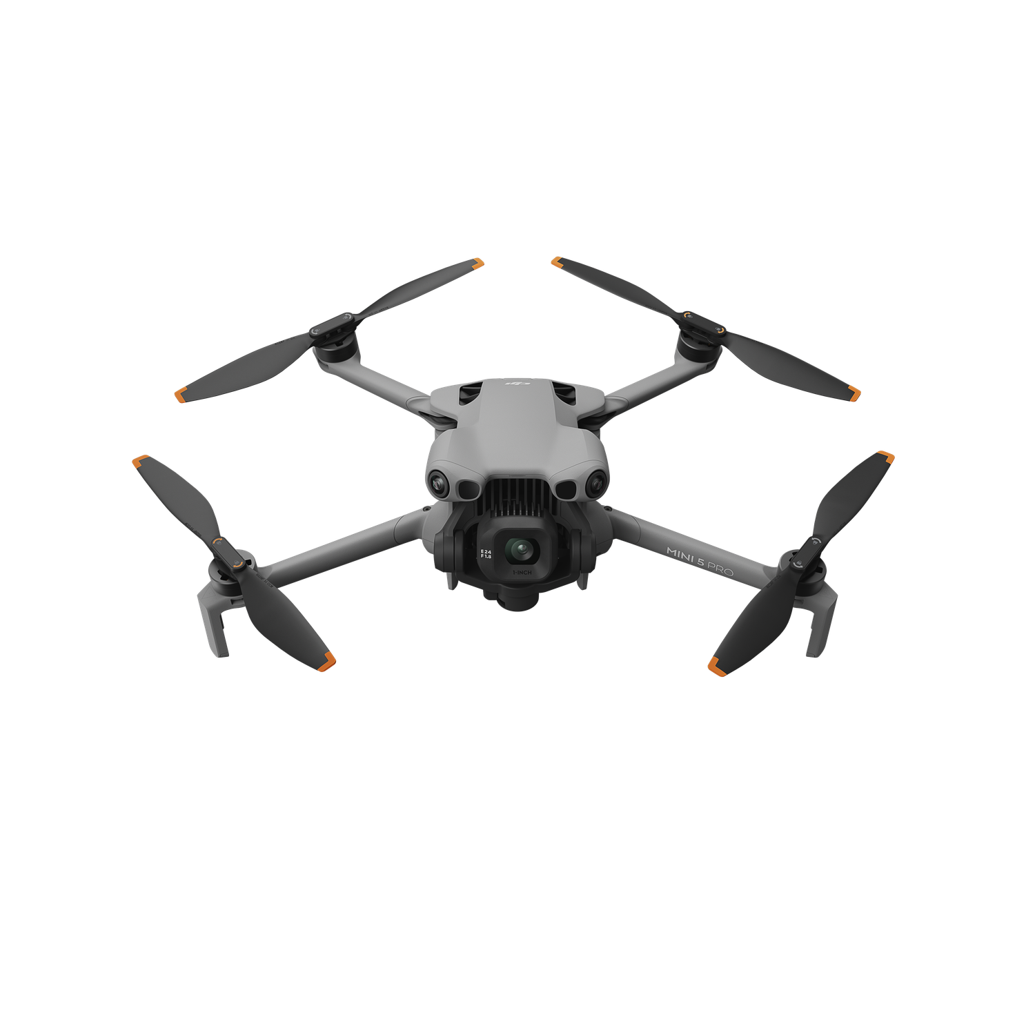 A gray drone with black propellers and orange tips is centered against a black background. The drone is labeled 'Mini 3 Pro'.
