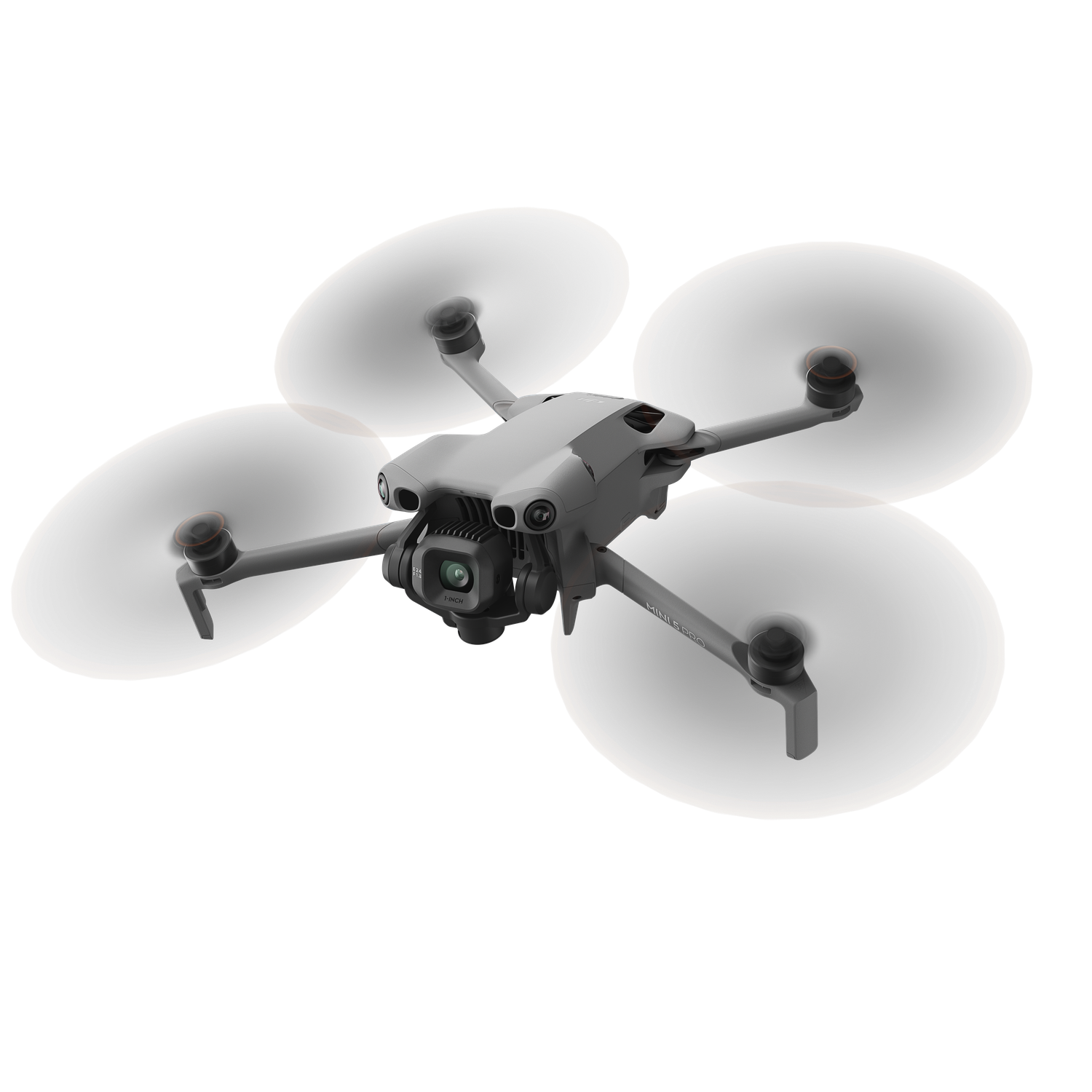 A gray drone with four propellers is set against a black background. The drone's camera is visible, and the propellers are slightly blurred.