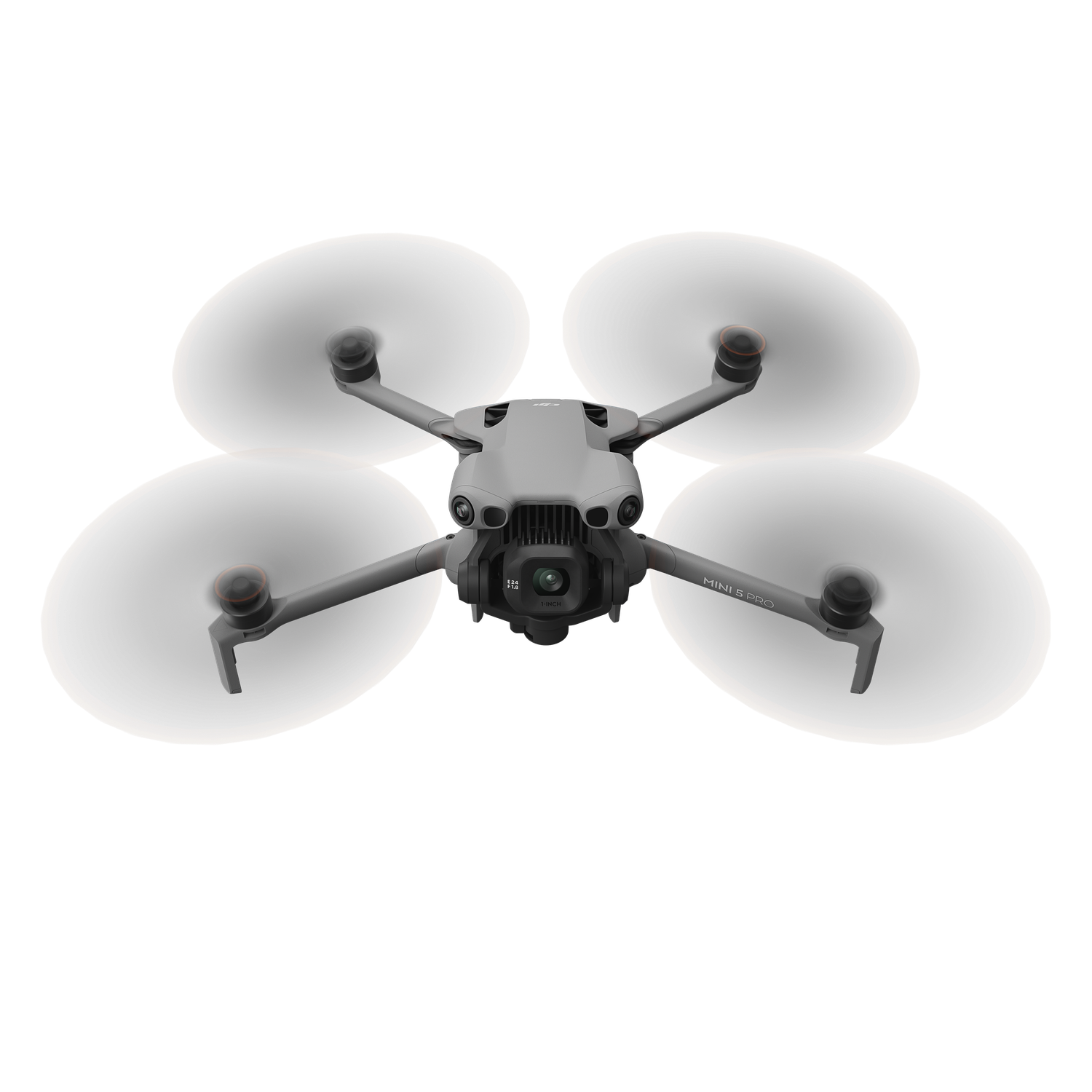 A gray drone with four propellers, each with an orange trim, is centered against a black background. The drone's camera is visible.