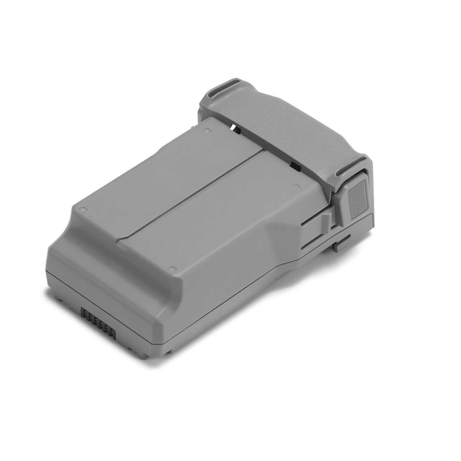 A gray drone battery, angled, against a white background. It has a ridged top and connectors on the bottom.