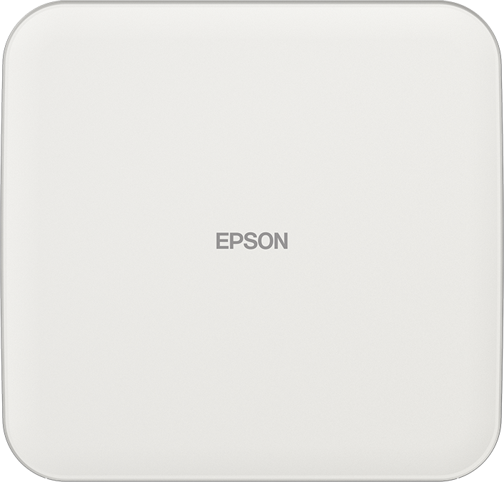 Ein weißes quadratisches Gerät mit abgerundeten Ecken. Das Wort EPSON ist grau in der Mitte des Geräts gedruckt.