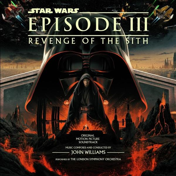 Star Wars: Episode III Cover. Darth Vaders Helm dominiert. Anakin Skywalker steht, zwei Figuren duellieren sich unten. Raumschiffe und Lava.