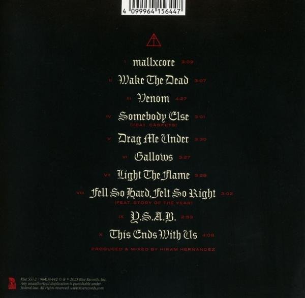 Albumcover mit Songtiteln und -längen. Text ist weiß auf dunkelrotem Hintergrund. Mit Barcode und Rise Records-Logo.