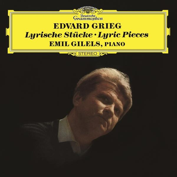 Albumcover mit Edvard Grieg Titel. Enthält ein Bild von Emil Gilels. Gelbe und schwarze Farben dominieren das Design.