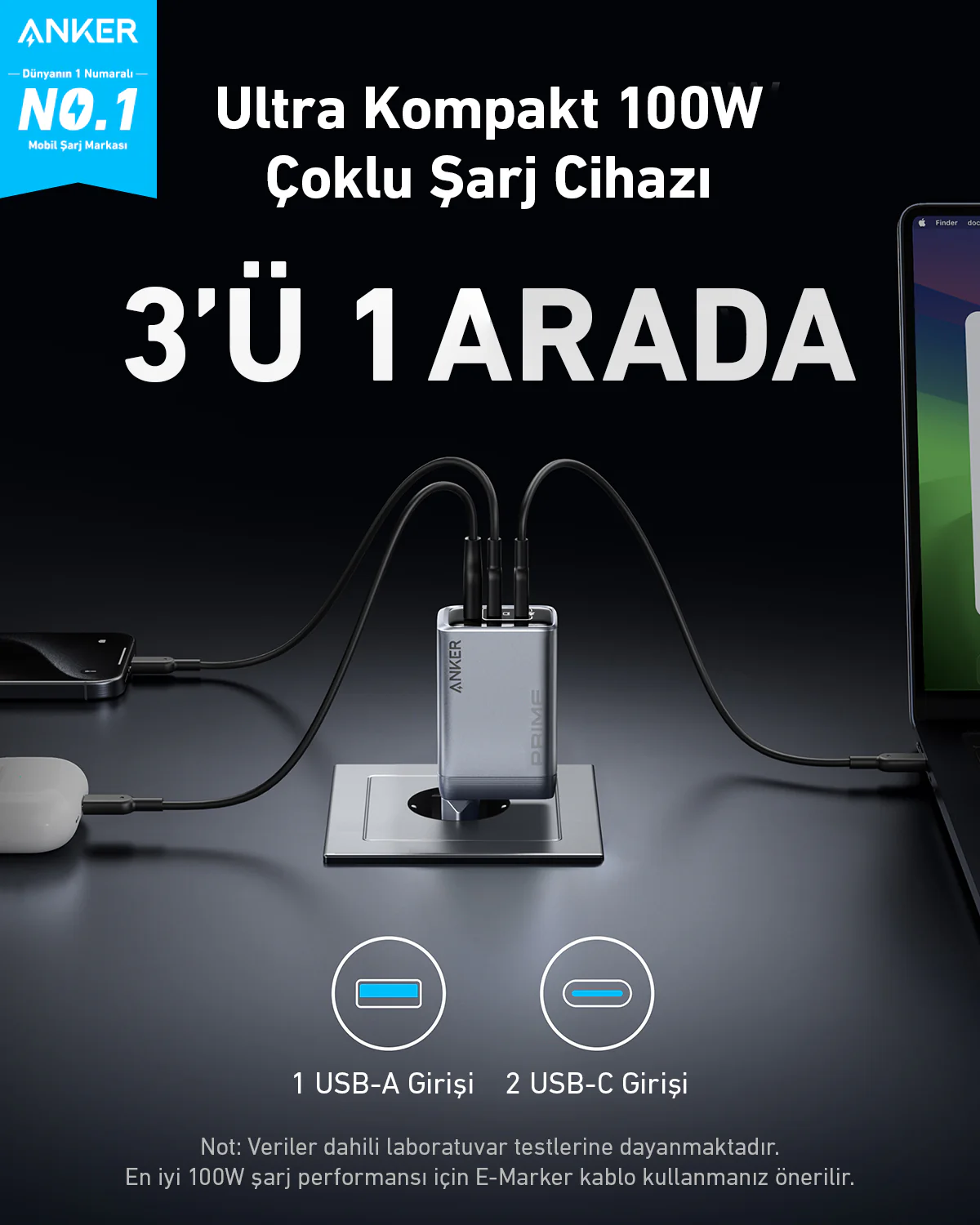 Çoklu bağlantı noktasına sahip Anker şarj cihazı. Kablolar dizüstü bilgisayara, telefona ve kulaklığa bağlı. Şarj cihazı takılı.