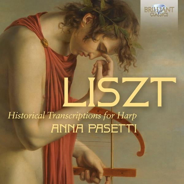 Ein klassisches Gemälde einer Person in roten Gewändern, die eine Harfe hält. Das Wort 'LISZT' steht in großen Buchstaben. Der Text lautet 'Historical Transcriptions for Harp'.