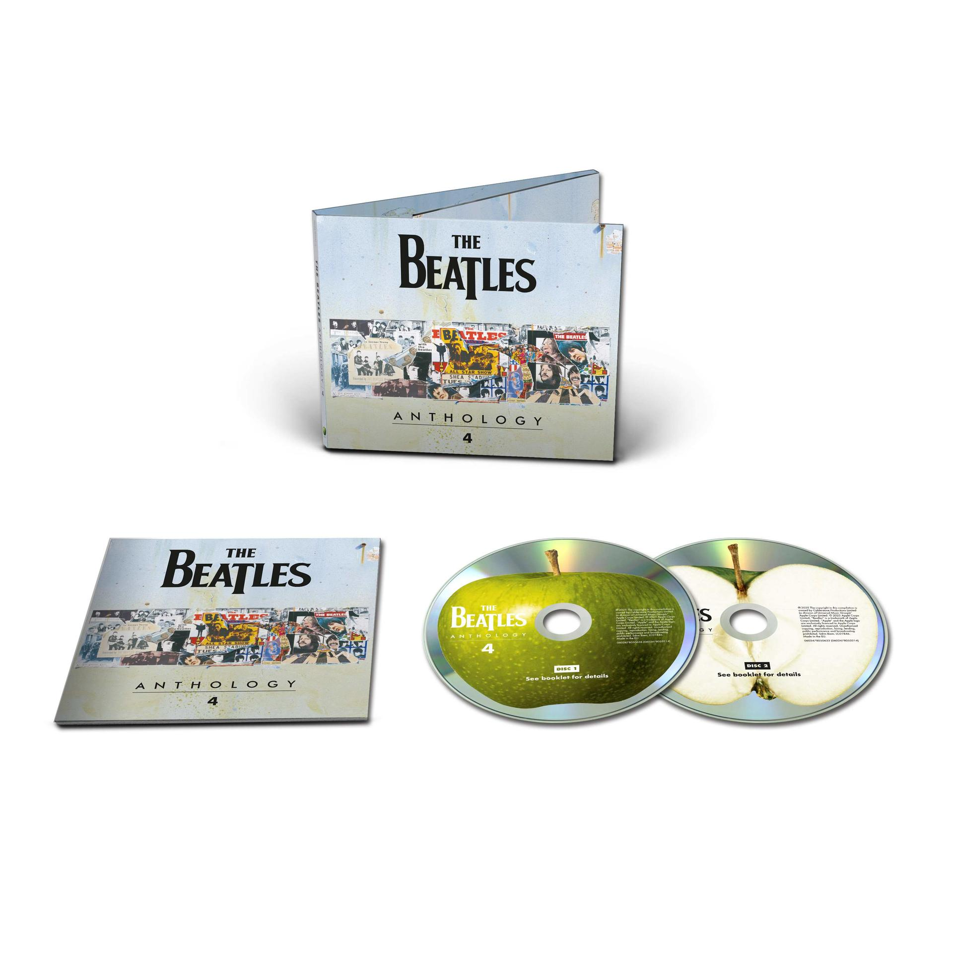 Das Beatles Anthology 4 CD-Set. Enthält CD-Hüllen und zwei apfelförmige CDs. Das Cover zeigt eine Collage von Bildern.