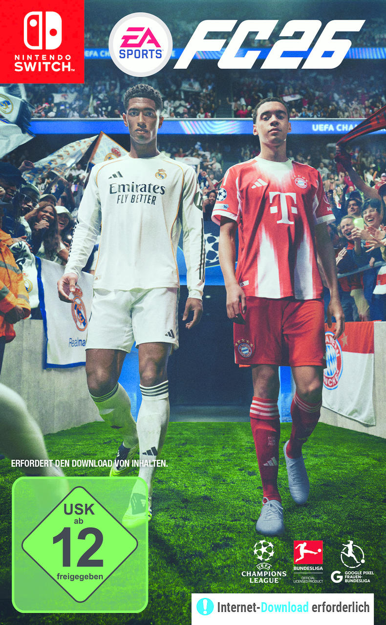 Fußballspiel-Cover mit zwei Spielern, Logos und Text. USK 12.