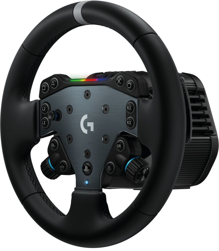 Fekete-szürke versenykormány gombokkal, gombokkal és színjelzővel. A Logitech 'G' logója középen található.