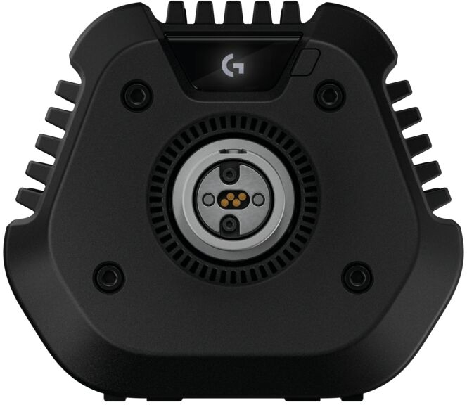 Fekete eszköz középen kör alakú csatlakozóval, bordákkal körülvéve. A Logitech logója felül található.