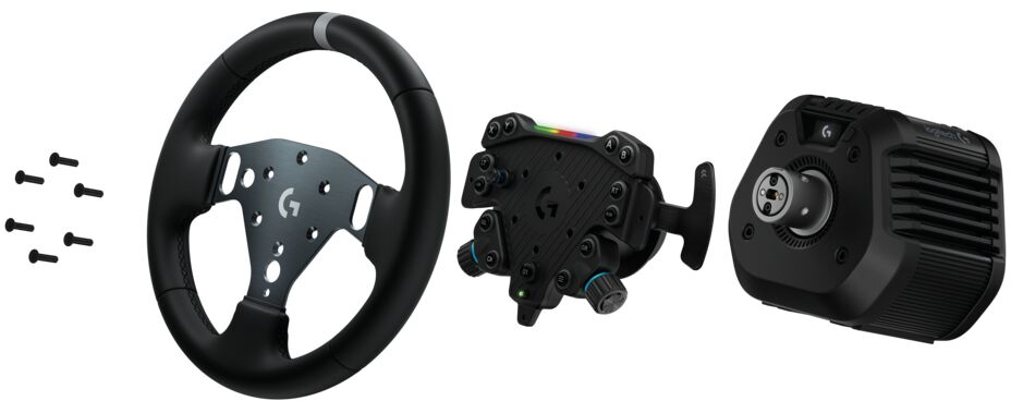 Versenykerék és alkatrészek képe. Tartalmazza a kormányt, egy vezérlőmodult és egy motor egységet, valamint rögzítőcsavarokat.