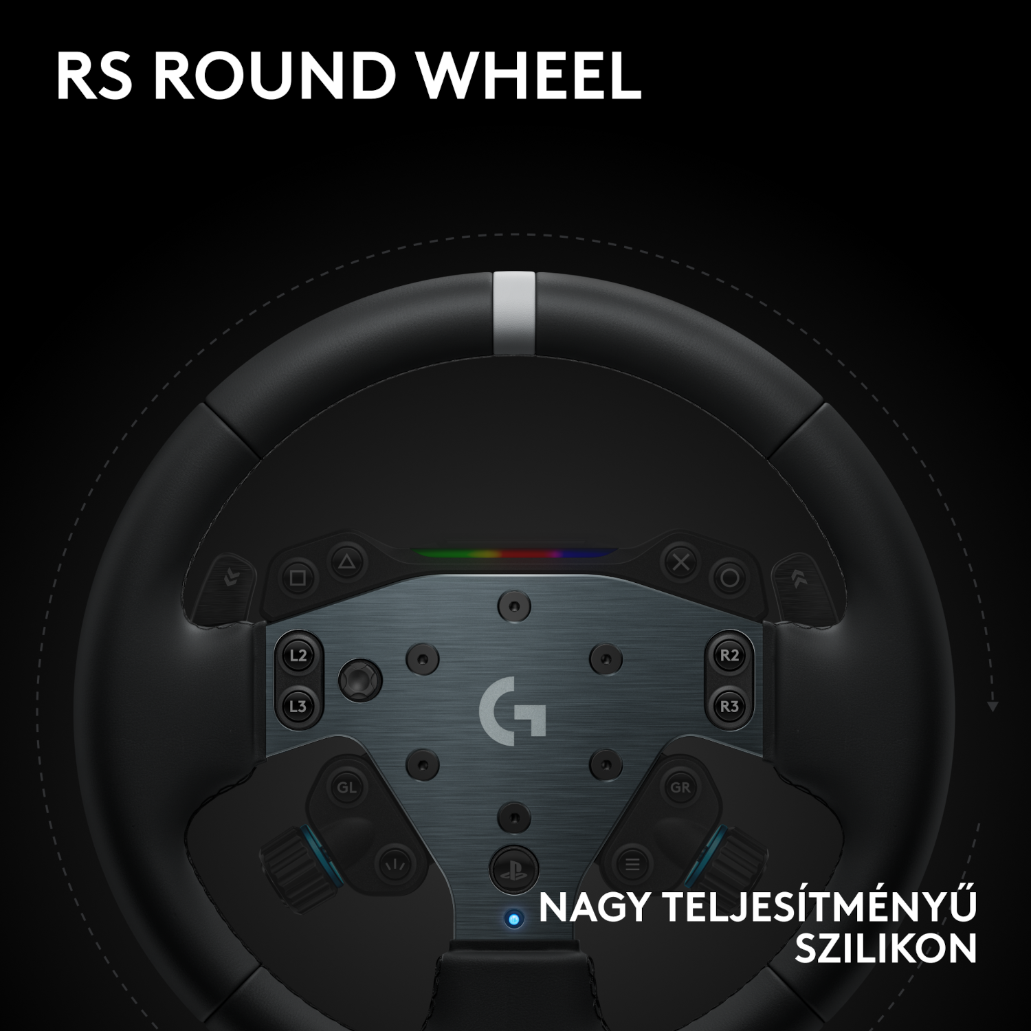 Egy fekete kormánykerék közeli képe gombokkal és egy ezüst színű központi panellel. A felette lévő szöveg: "RS ROUND WHEEL".