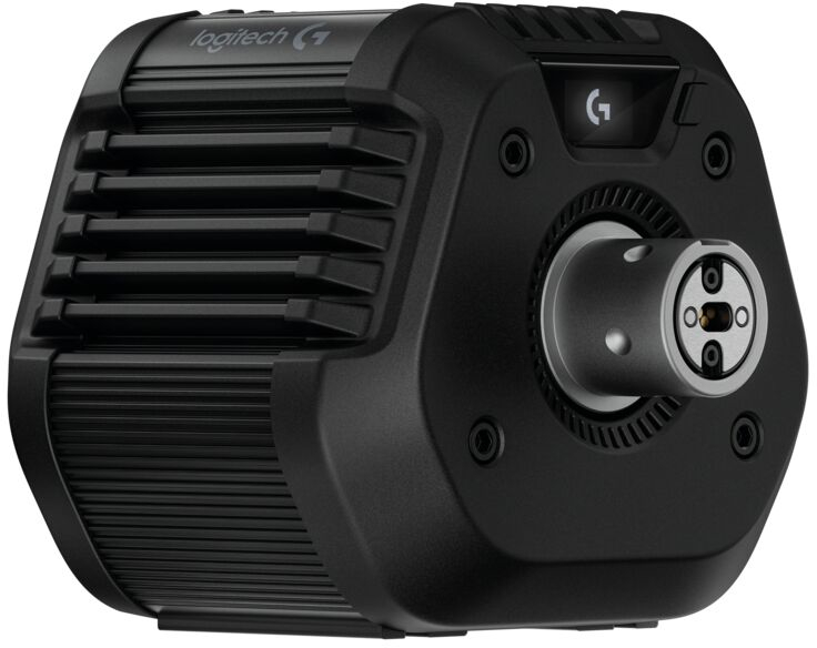 Fekete Logitech G versenykerék alap. Hengeres fémcsatlakozóval, hűtőbordákkal és a Logitech G logóval rendelkezik.