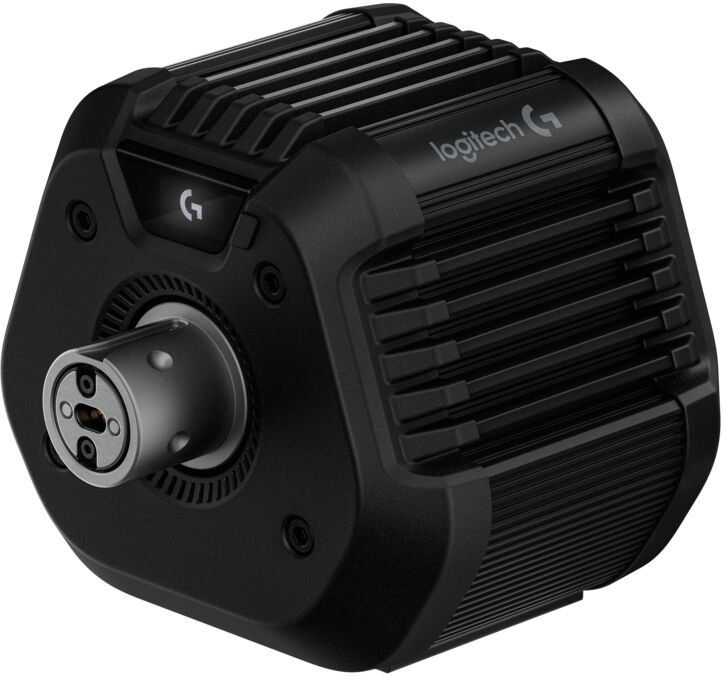 Egy fekete Logitech eszköz hengeres csatlakozóval. Van rajta a Logitech 'G' logója és bordázott kialakítás.