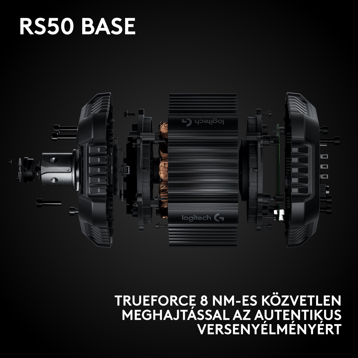 Fekete RS50 BASE metszeti nézete belső alkatrészekkel. Réztekercseket és Logitech G logót tartalmaz. Alul szöveg.