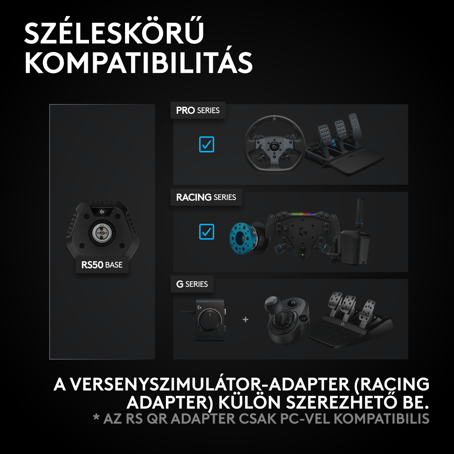 A kép versenykerék és pedálkészleteket mutat kompatibilitási adatokkal. Tartalmazza a magyar nyelvű szöveget.