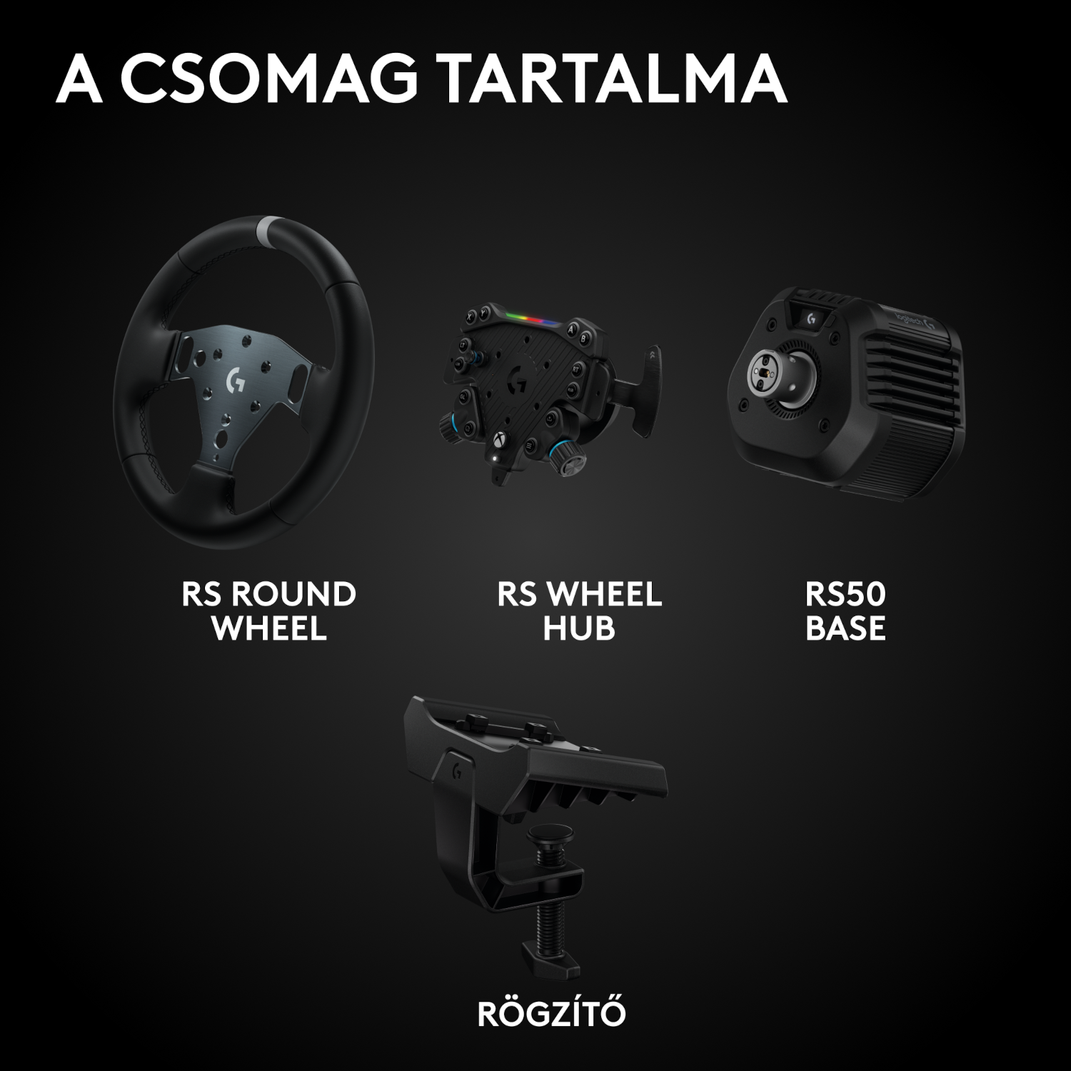 A képen versenykerék-alkatrészek láthatók: RS Round Wheel, RS Wheel Hub, RS50 Base és egy rögzítőbilincs, mind fekete háttéren.