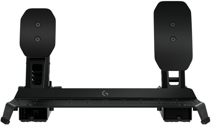 Egy fekete Logitech verseny pedálkészlet. Két pedál van a tetején. A 'G' logó látható középen.