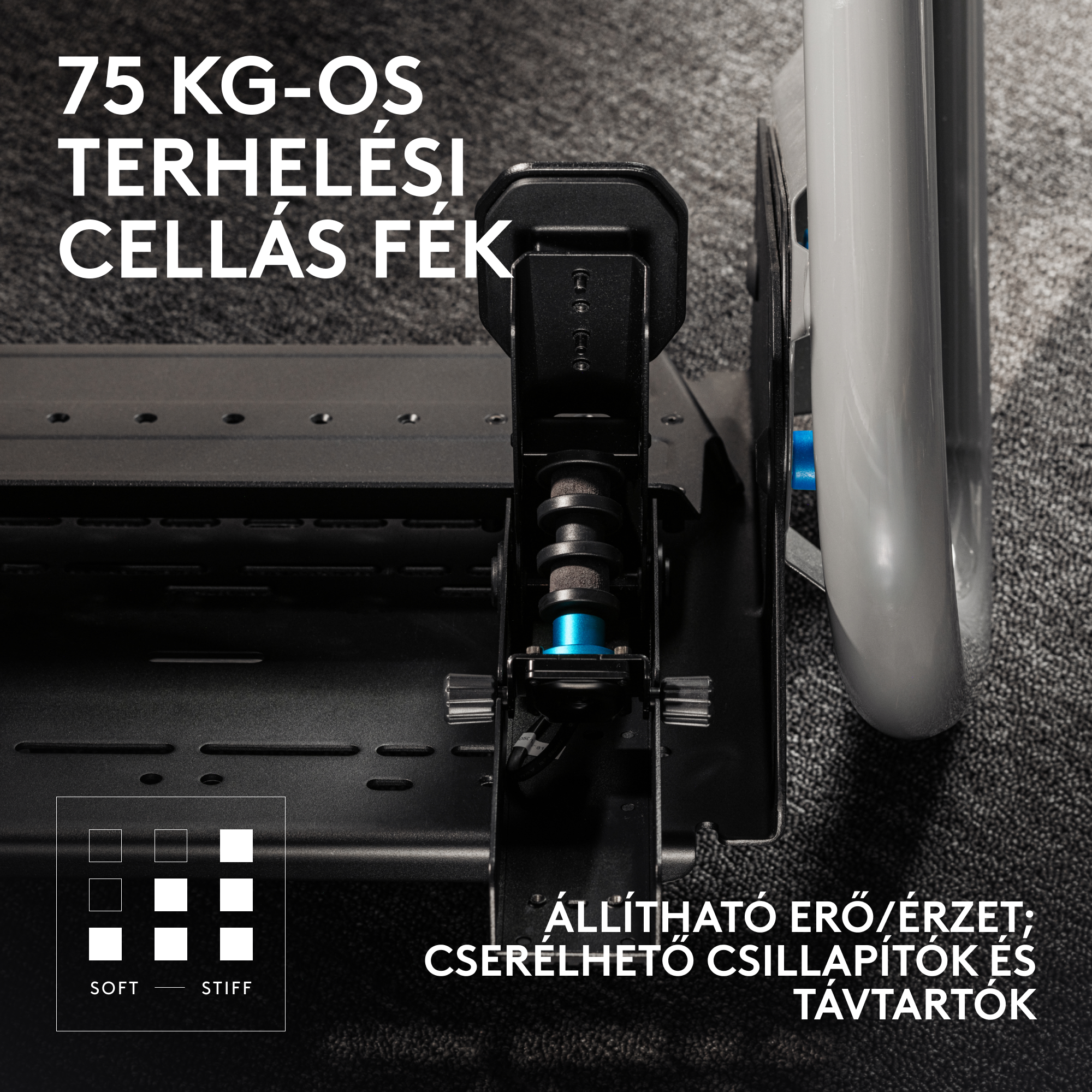 Fekete-szürke mechanikai szerkezet magyar nyelvű szöveggel. Rugót, állíthatóságot és súlykapacitást mutat.