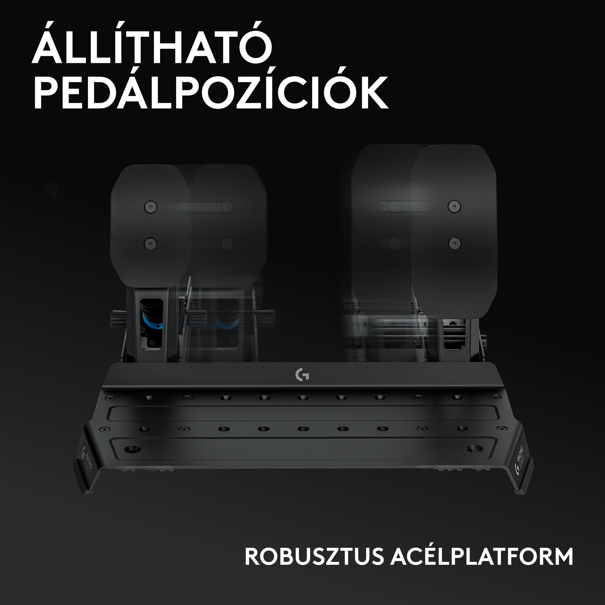 Fekete verseny pedálkészlet fekete alapon. A szöveg tetején 'Állítható pedálpozíciók', alul 'Robusztus acélplatform'.